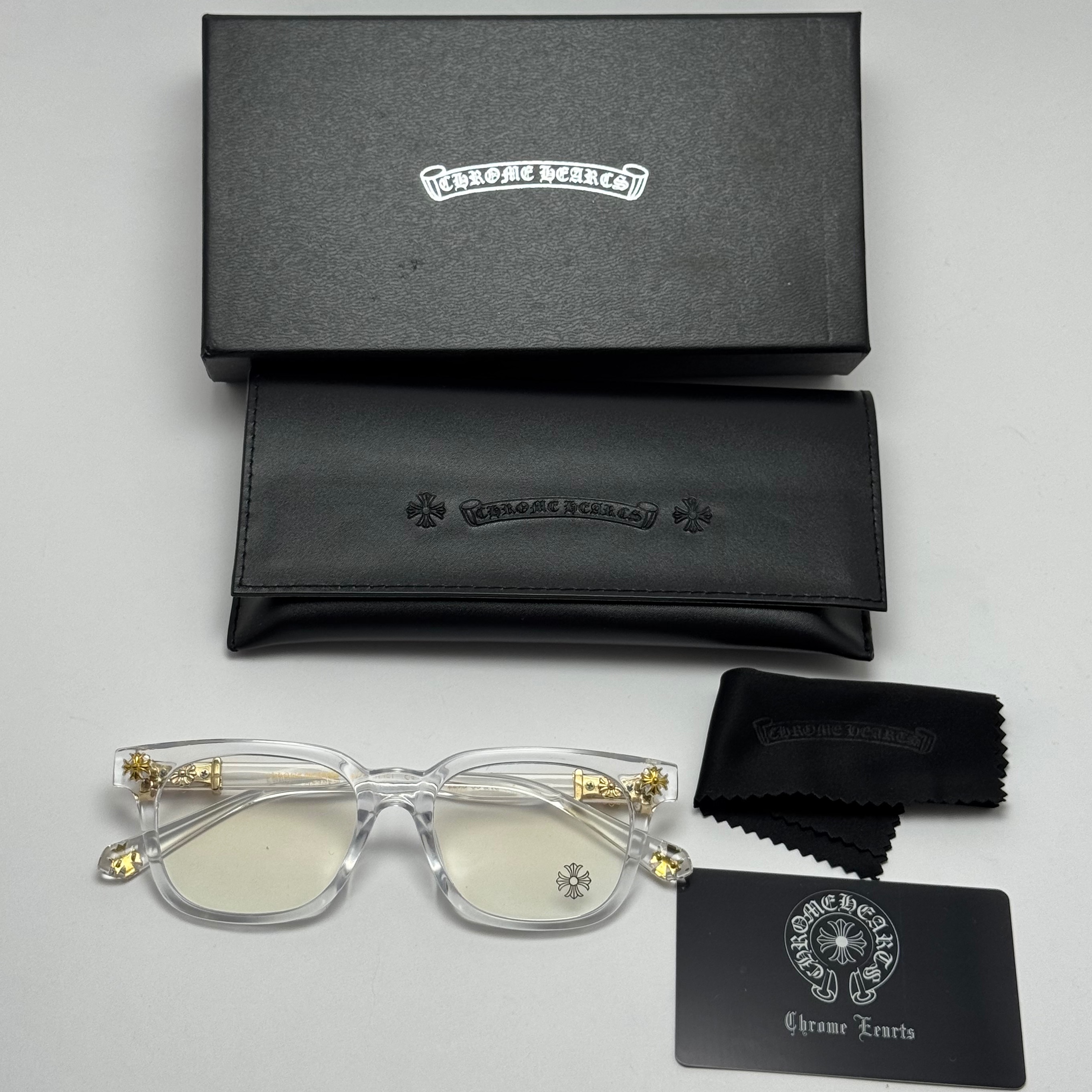 عینک بلوکات کروم هارتز کریستالی طلایی Chrome Hearts 2273 با پک کامل کروم هارتز - کیفیت مستر