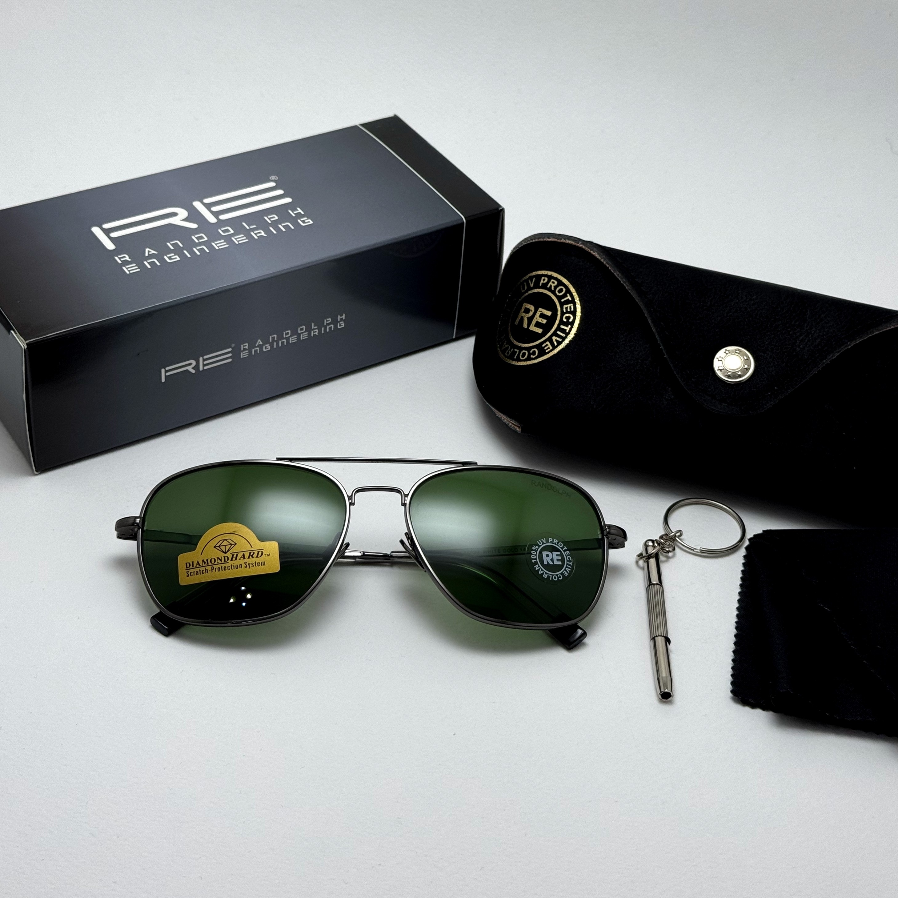 عینک آفتابی خلبانی رندولف شیشه سنگ آنتی رفلکس سبز فریم نوک مدادی فول پک RANDOLPH AVIATOR RE 58 24K