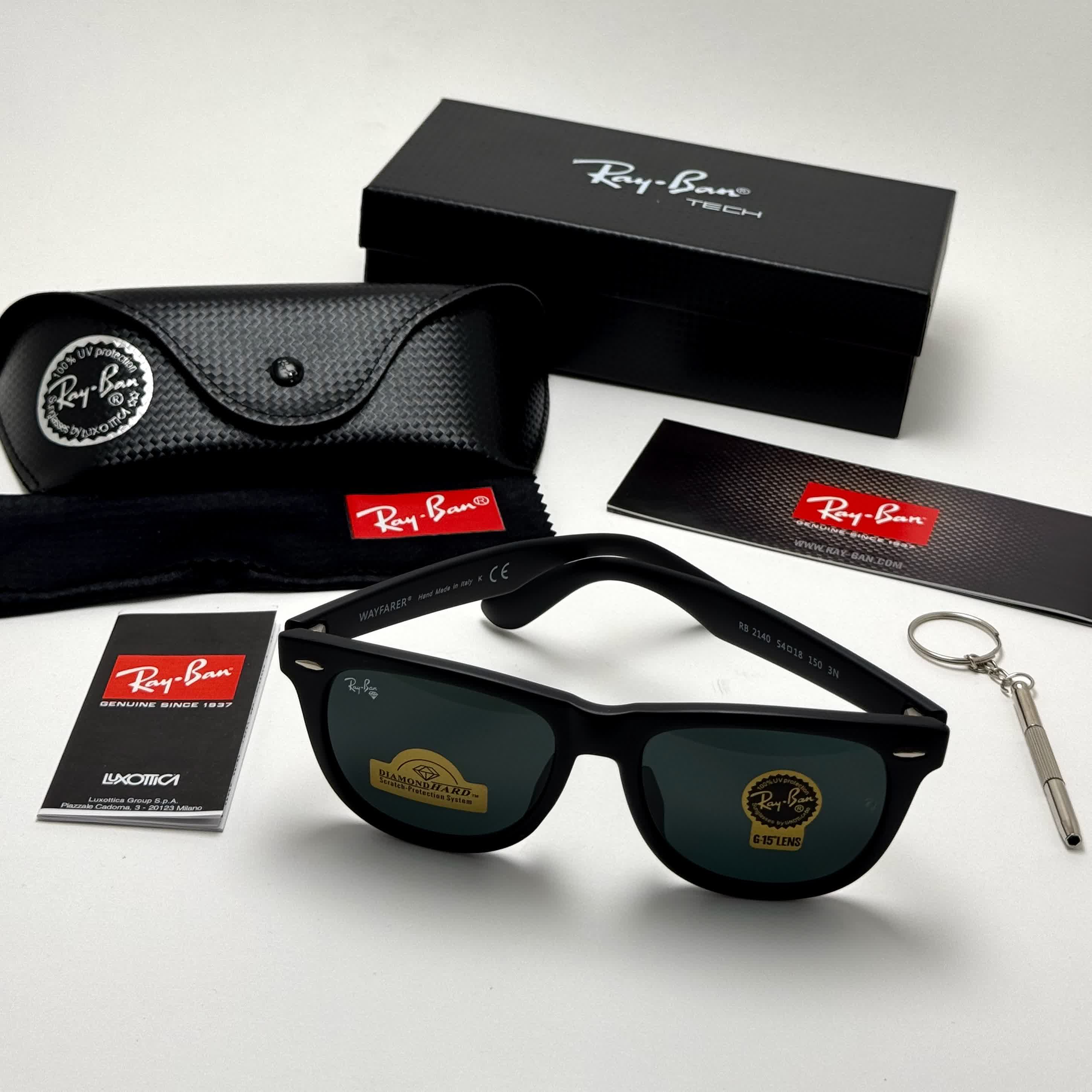 عینک آفتابی ریبن ویفرر شیشه سنگ مشکی به همراه پک کامل ریبن Rayban WAYFARER RB 2140 سایز 54