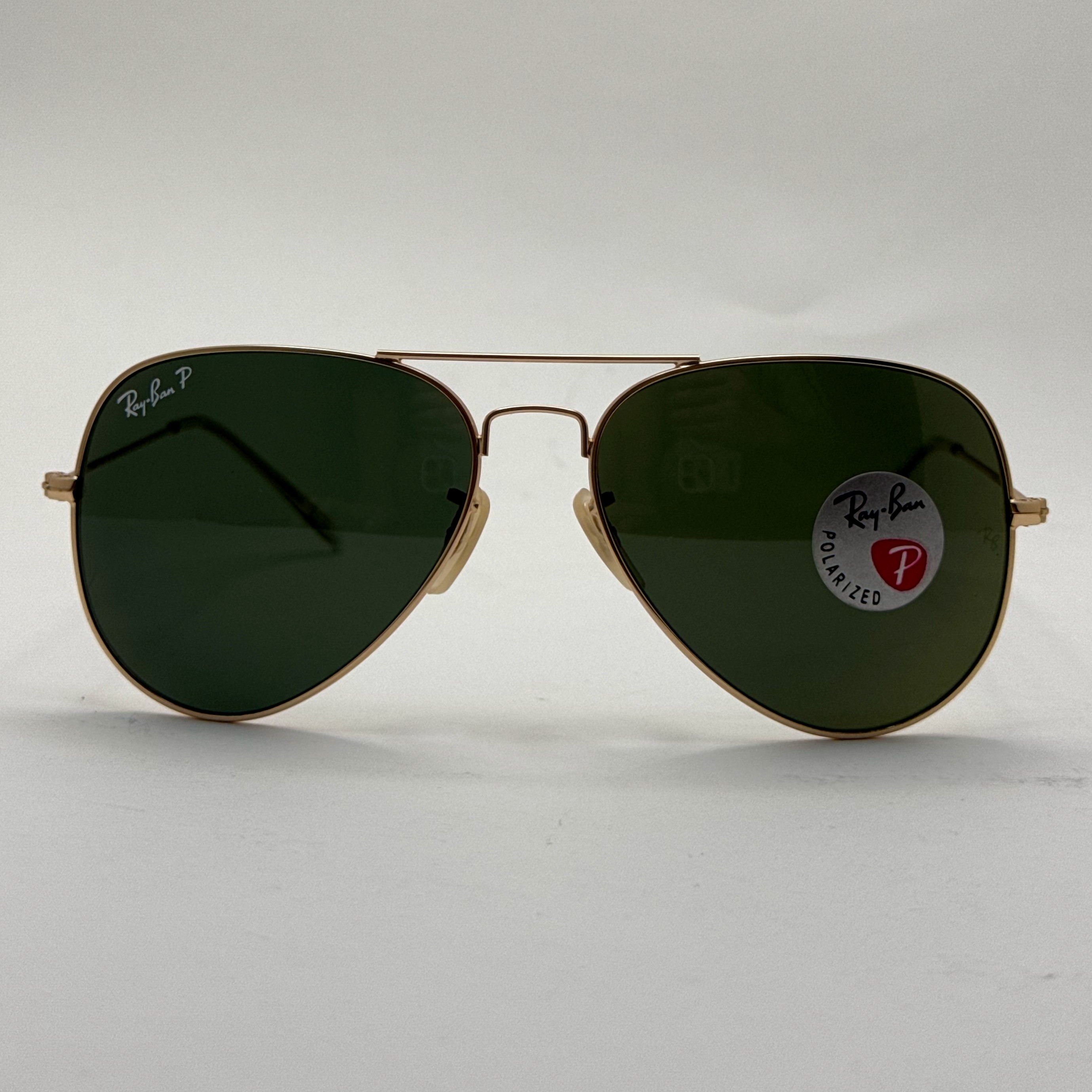 عینک ریبن خلبانی شیشه سنگ پلاریزه سبز با فریم طلایی به همراه پک کامل ریبن کد Rayban RB 3026