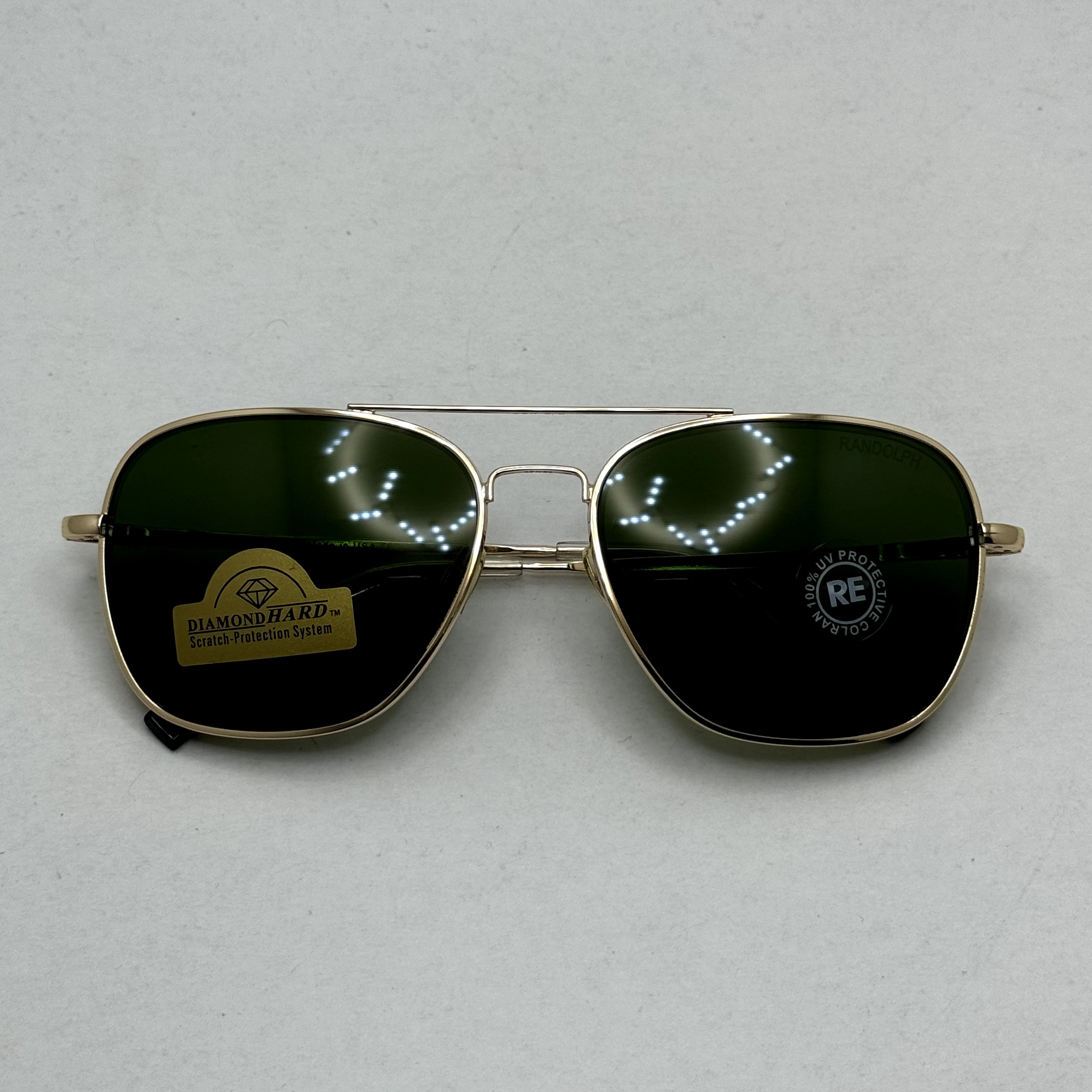 عینک آفتابی خلبانی رندولف شیشه سنگ آنتی رفلکس سبز فریم طلایی فول پک اصلی RANDOLPH AVIATOR RE 58 24K GOLD