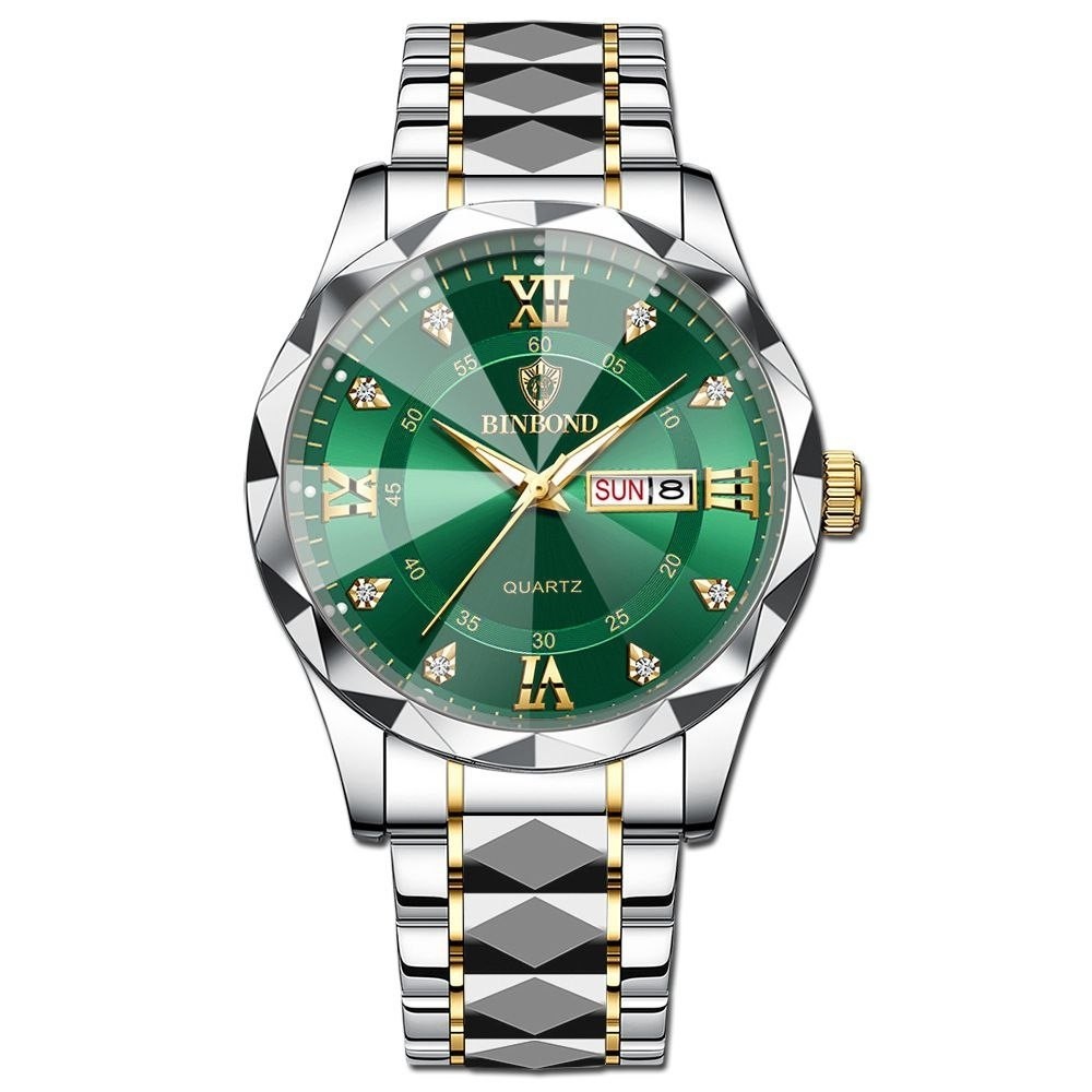 ساعت مچی مردانه اورجینال دو تقویم فول استیل رنگ ثابت و ضد اب بینبند BINBOND سبز