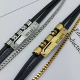 دستبند مردانه و پسرانه چرم و پلاک استیل بولگاری bvlgari سه لاین رنگ ثابت کد amp (پس کرایه)