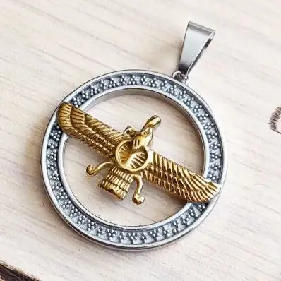پلاک و آویز گردنبند استیل طرح حلقه و فروهر ضد حساسیت رنگ ثابت کد amp (پس کرایه)