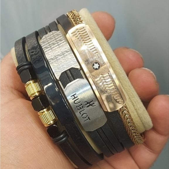 دستبند چرمی قفل و پلاک استیل مردانه طرح مونت بلنک Montblanc کیفیت چرم عالی تنوع طرح رنگ ثابت کد bn (پس کرایه)