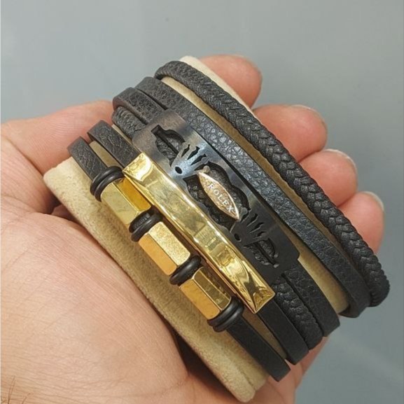 دستبند چرمی قفل و پلاک استیل مردانه طرح رولکس Rolex کیفیت چرم عالی تنوع طرح رنگ ثابت کد bn (پس کرایه)