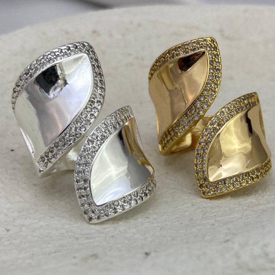 انگشتر آبکاری نقره زنانه طرح آینه ای دور نگین فری سایز Freesize رنگ ثابت کد tj (پس کرایه)