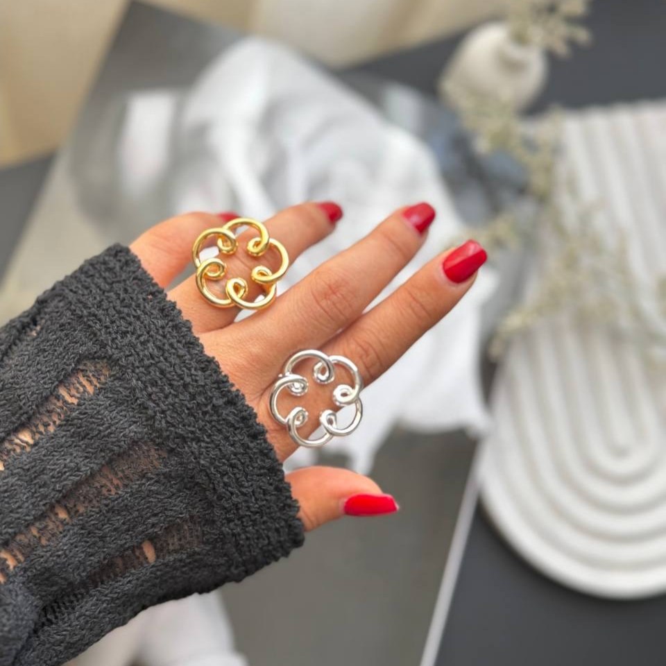 انگشتر آبکاری نقره زنانه طرح گل مینیمال وسط مروارید فری سایز freesize تنوع طرح رنگ ثابت کد sm