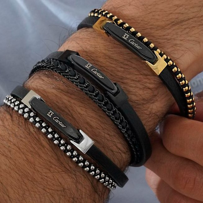 دستبند چرمی قفل استیل مگنتی کارتیر Cartier مهره در تنوع طرح کیفیت چرم عالی رنگ ثابت کد mp
