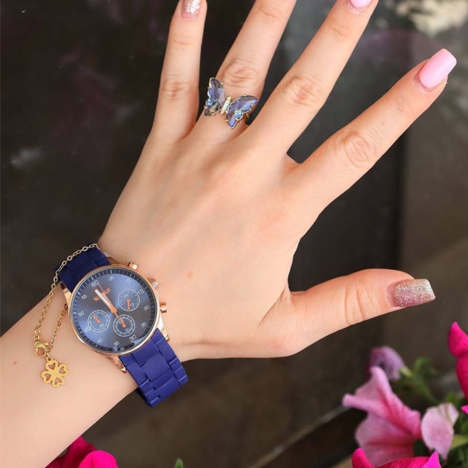 ست ساعت زنانه و دخترانه امپریو بند سیلیکونی مارک معروف WALAR بهمراه دستبند و انگشتر پروانه ارسال رایگان
