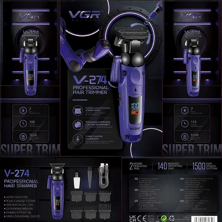 ماشین اصلاح حجم زن سر و صورت وی جی آر با تیغه تیتانیوم و نمایشگر LED خط زن مدل V-274 ورژن جدید 274 ( گناوه مارکت )