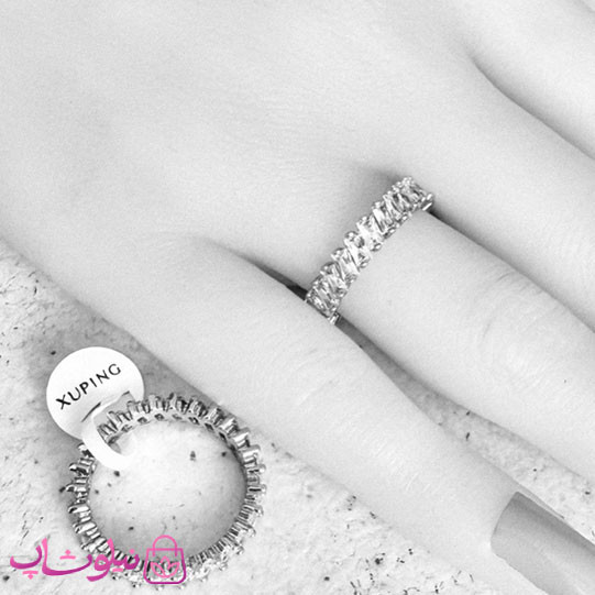 انگشتر زنانه ژوپینگ تنیسی مدل نگینهای باگتی اریب نقره ای رنگ کد 5491