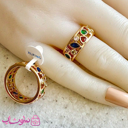 انگشتر زنانه ژوپینگ مدل نگینهای رنگی طلایی رنگ کد 4991