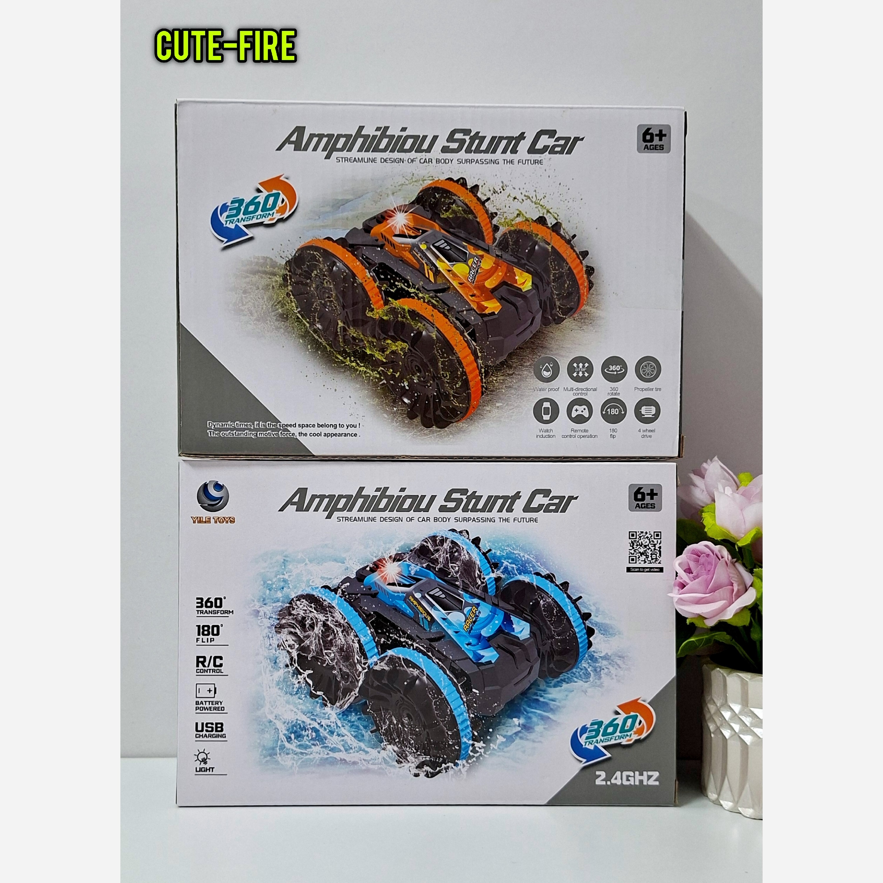 اسباب بازی ماشین کنترلی شارژی ضد آب دو رو حرکت در خاک و آب با کیفیت بالا و پرقدرت دارای 2 کنترل مدل ساعت مچی و دستی