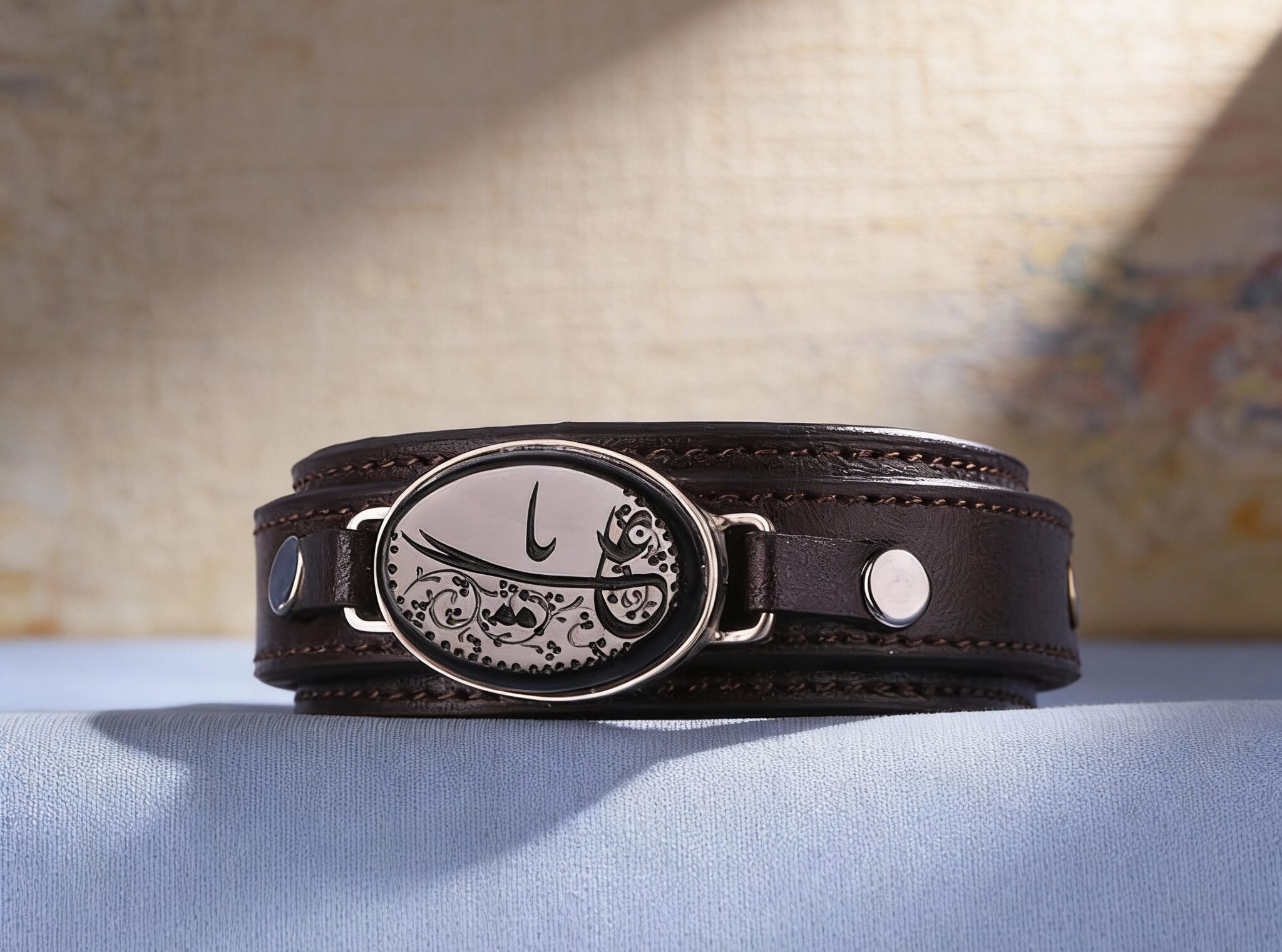 دستبند چرم عقیق مشکی حکاکی یا علی | ترکیب قدرت، اصالت و جذابیت کد 3926