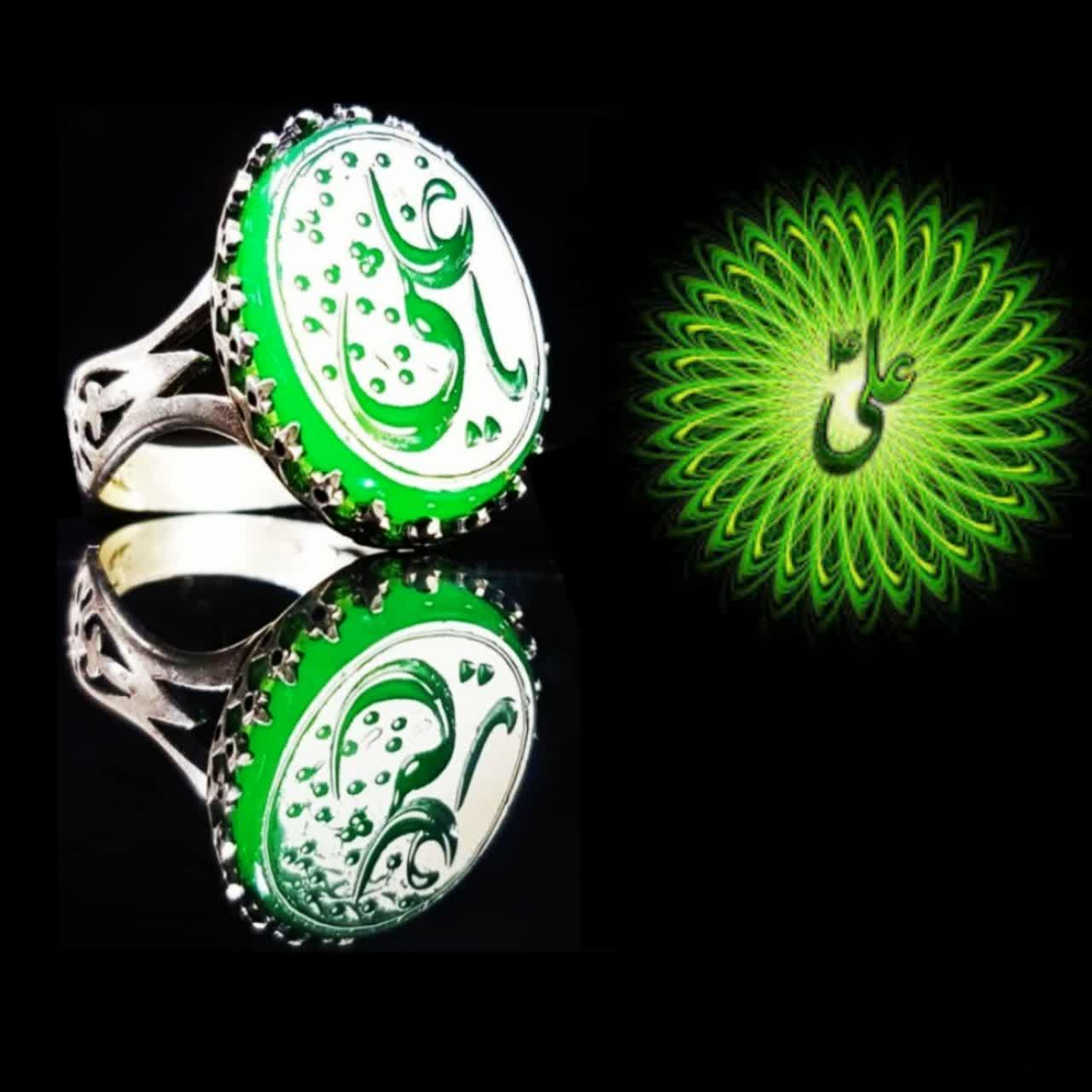 خرید انگشتر عقیق سبز خطی با نقش «یا علی»؛ نماد قدرت و ولایت  کد 4229