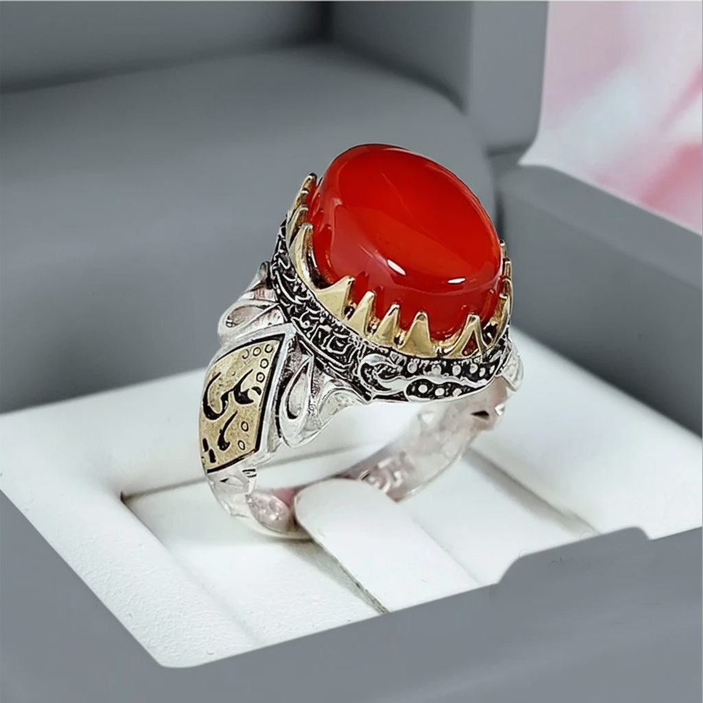 انگشتر عقیق قرمز با رکاب نقره (قسمت زرد رنگ برنج هست) کد 1181