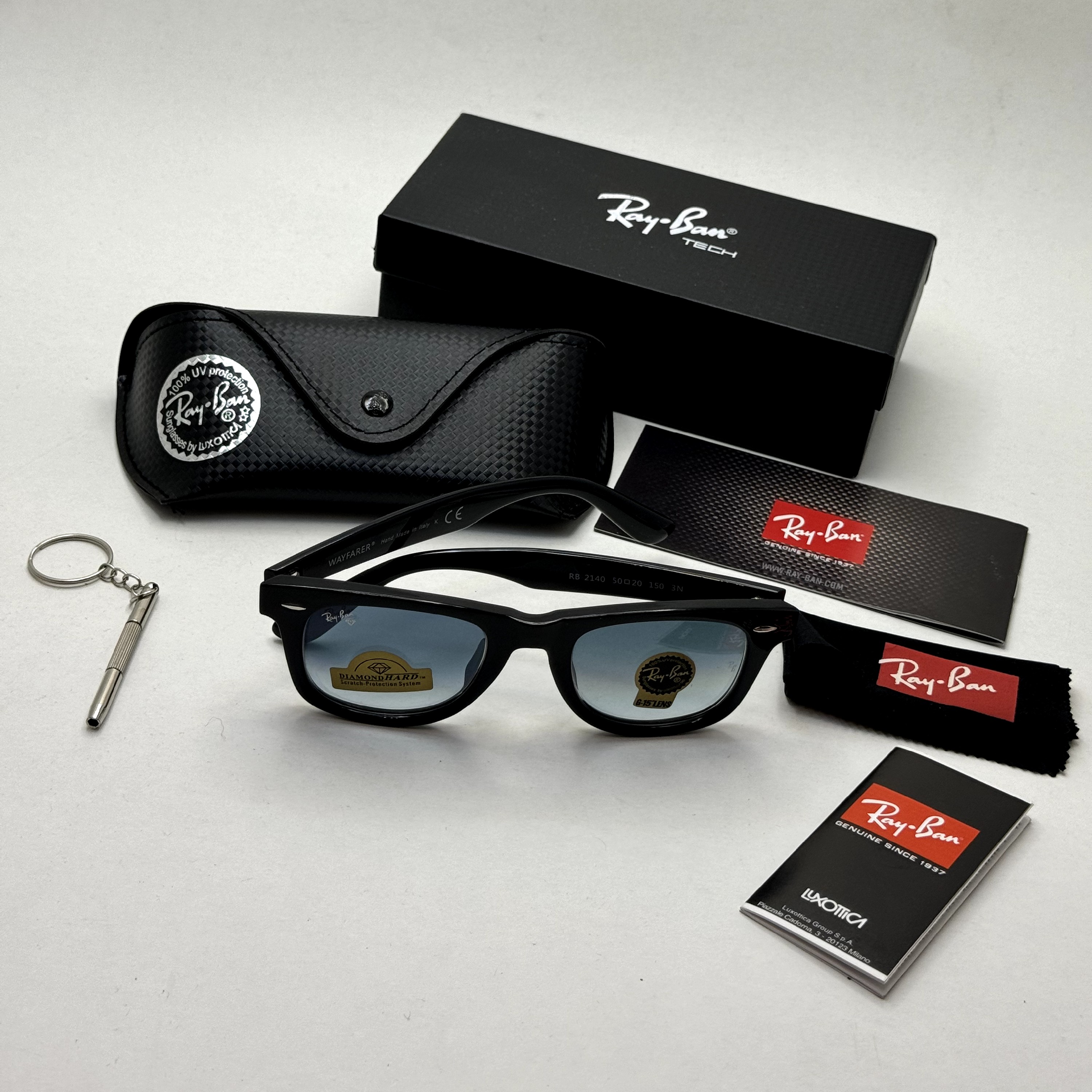 عینک ریبن ویفرر reyban WAYFARER سایز 50 آبی هایلایت به همراه پک کامل و اچار مخصوص عینک RB 2140 (ارسال رایگان)