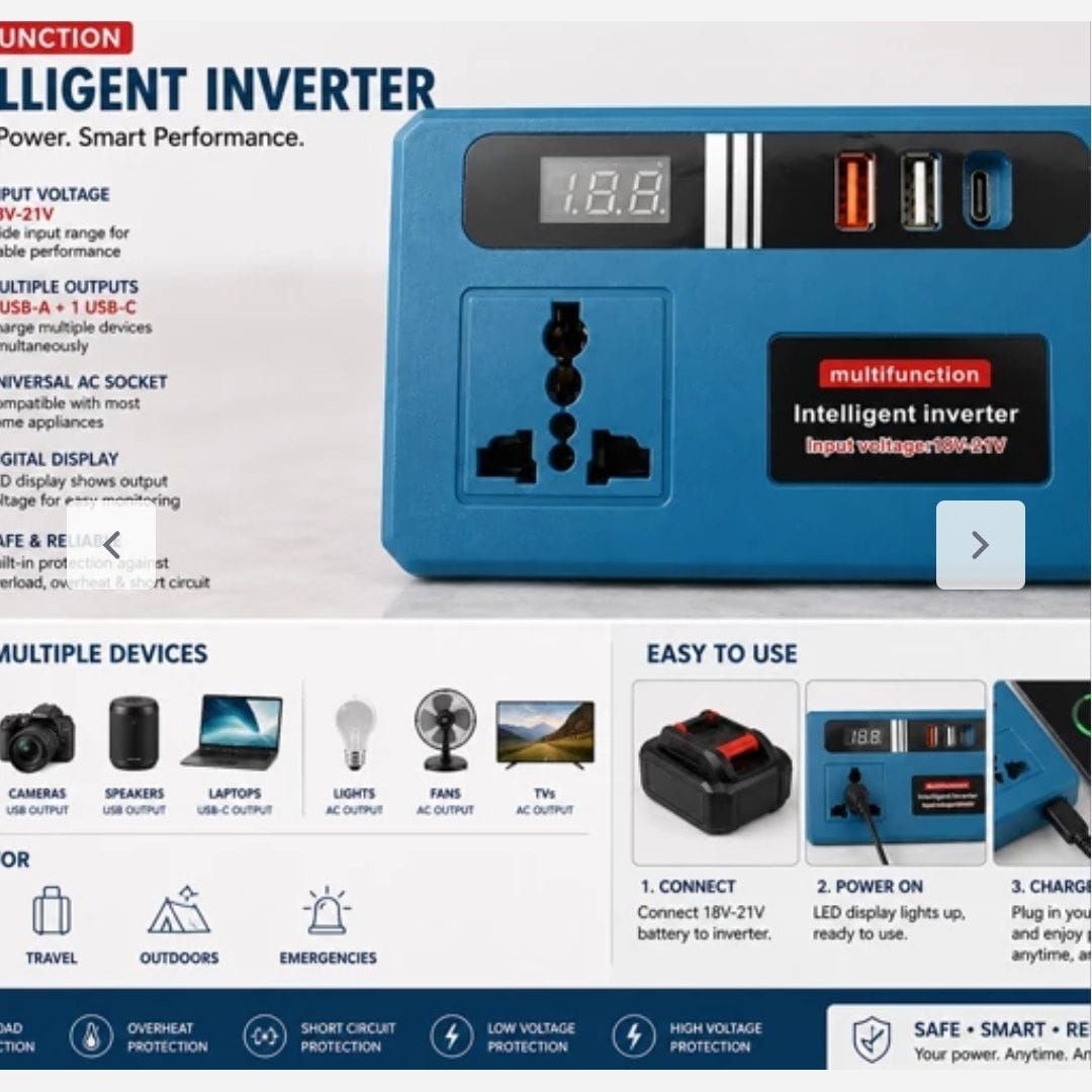 اینورتر چند کاره (وارداتی) Intelligent Inverter converter multifunctional دارای باتری 48 ولت و چراغ قوه ایکس