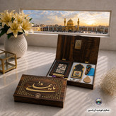 بسته فرهنگی سوغات کربلا (صندوقچه بهشتی) 7عنوان سنگ حرم و قاب فرش و عطر حرم وآب سرداب حضرت عباس و تسبیح مهر تربت کربلا