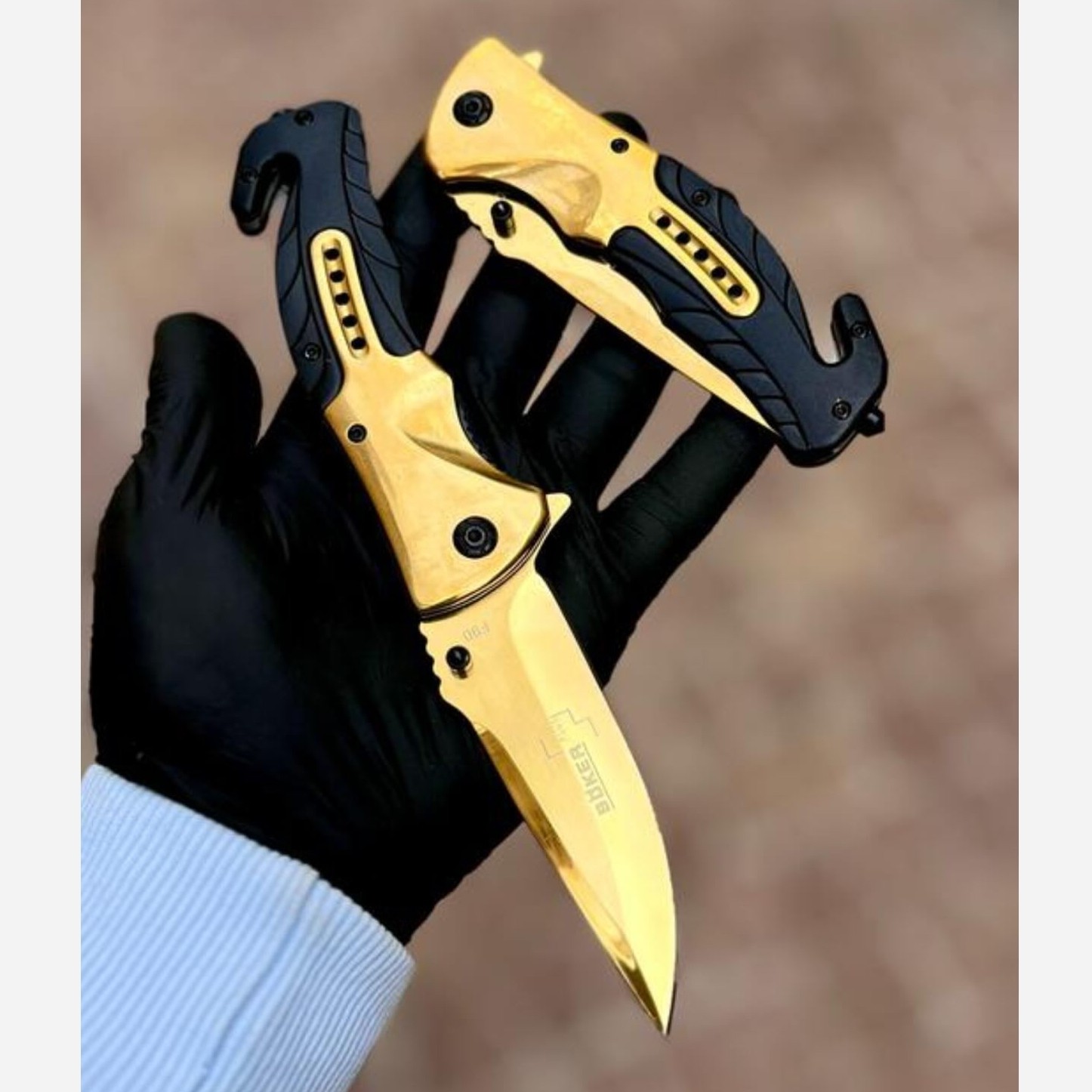 چاقوی جیبی F90 طلایی بوکر دارای کاتر و شیشه شکن